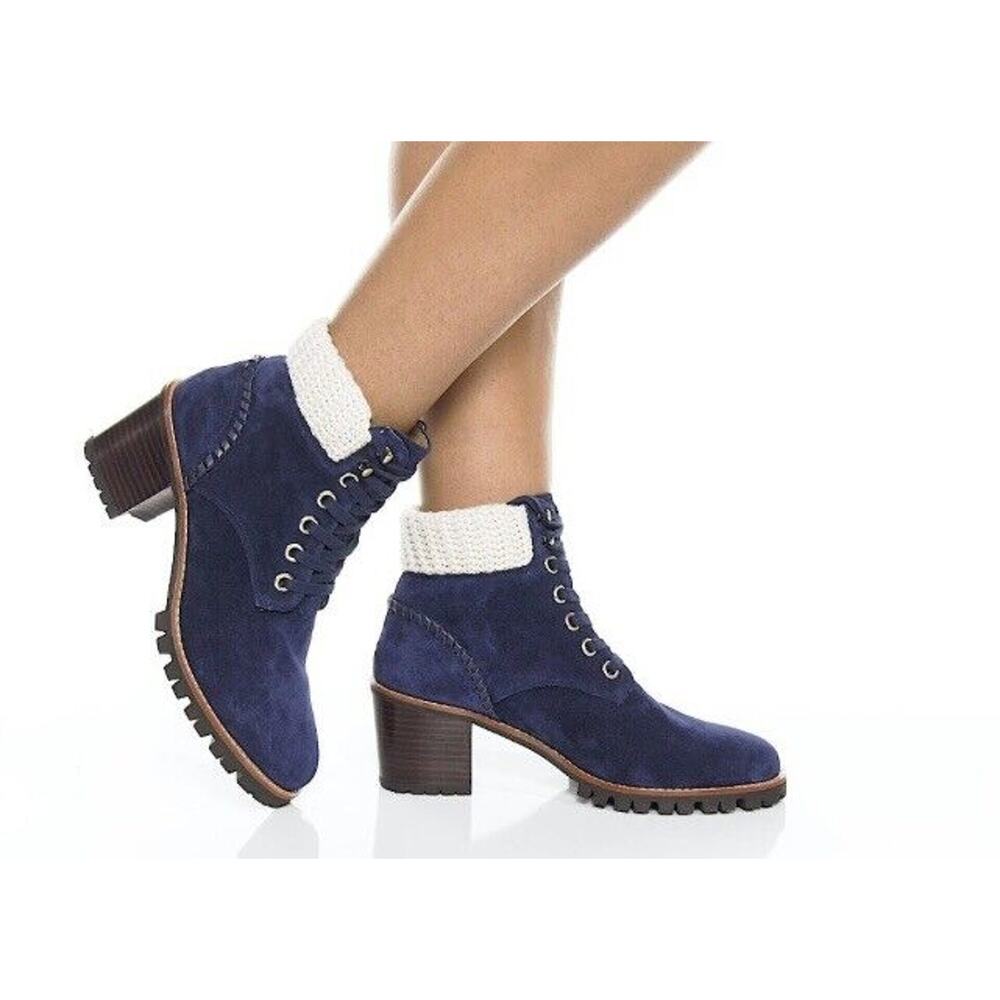 New Jack Rogers Harper Suede Lace Up‎ Hiker Knit Block Heel Boots Navy Size 10M